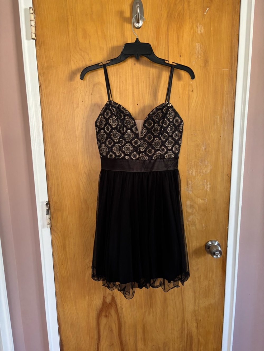 Sequin Hearts Black Lace & Mesh Prom Dress